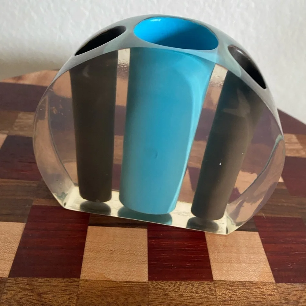 Vintage 70s Acrylic Lucite Retro Space Age Pen Holder Blue Brown Abstract Round
